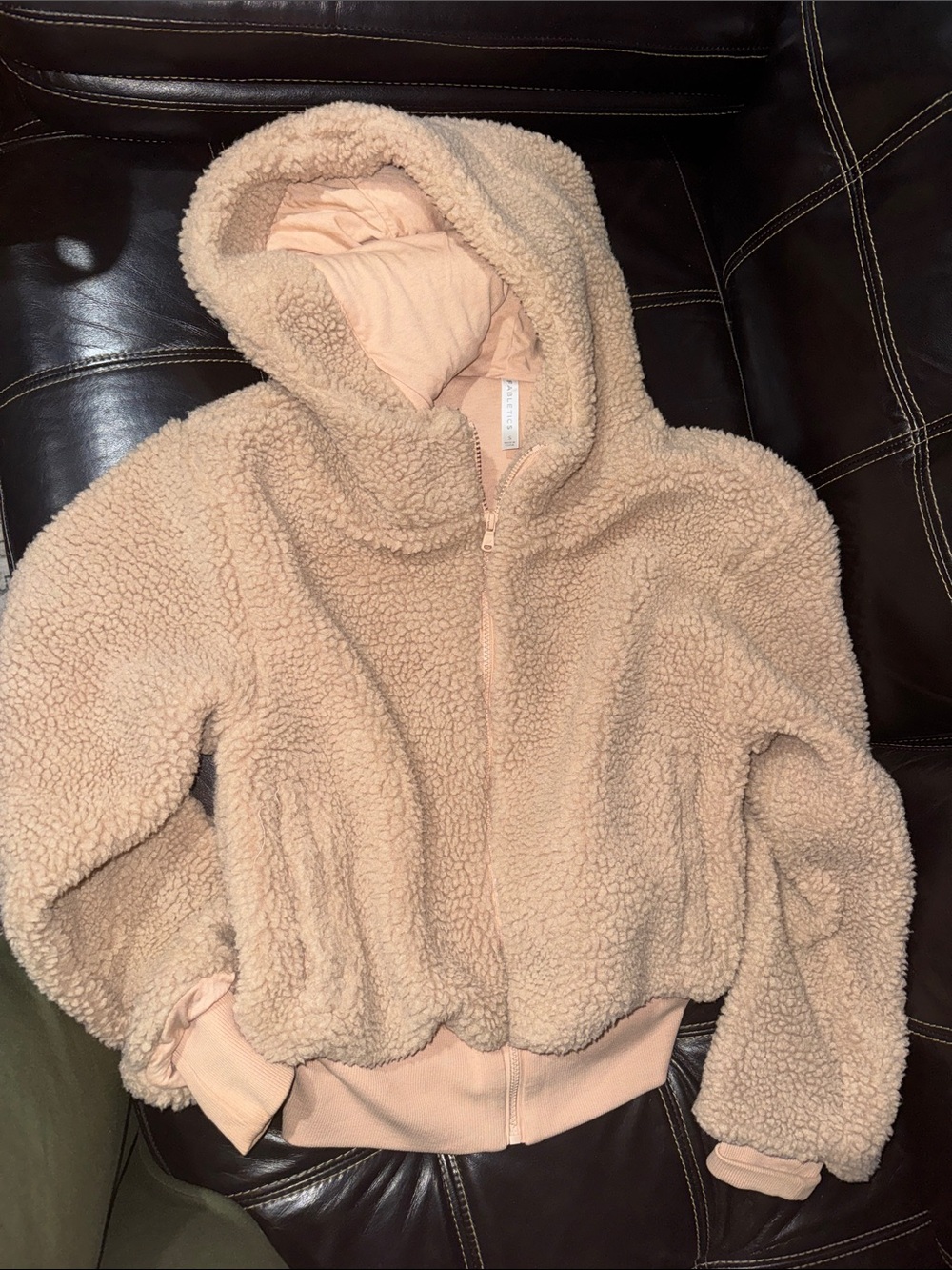 Fabletics Plush Hooded Teddy Jacket in Light Beige